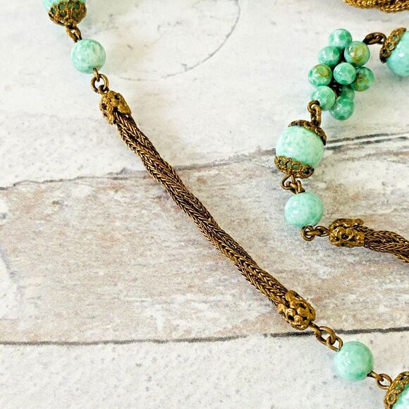 VTG Art Deco Czech Peking Jade Long Flapper Necklace Bead Cluster Stations 35"Lg - Picture 7 of 11